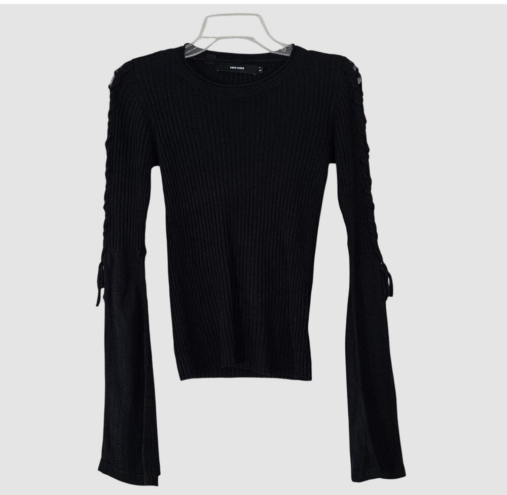 Vero Moda Navy Blue Bell Sleeve Ribbed sweater Lace Detail XS EUC